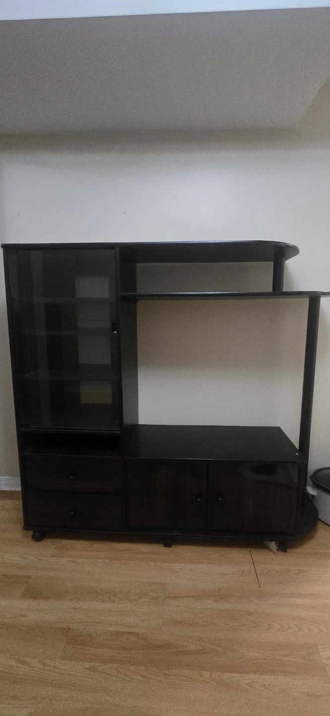 Dark Wood Entertainment Unit with Glass Door Cabinet