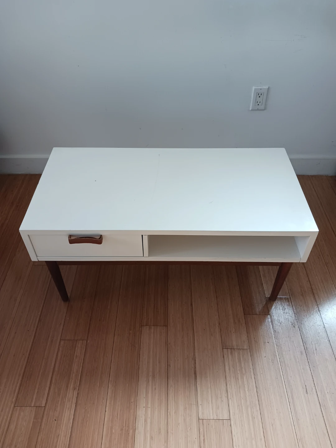Modern White Coffee Table with drawer and open Shelf Storage