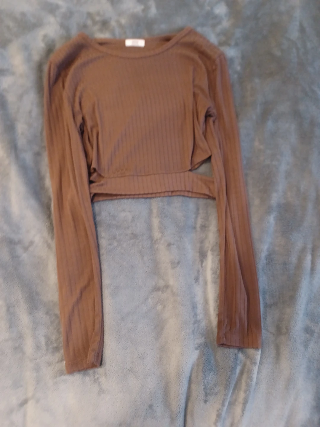 ARDENE Brown Ribbed Cropped Long Sleeve Top