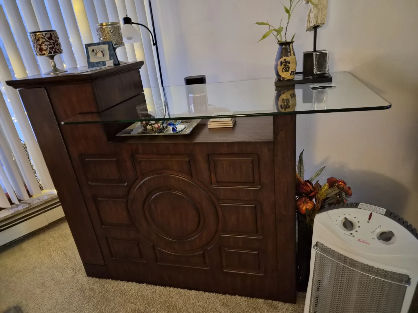 Wooden Bar Cabinet with Glass Top and Wine Glass Rack