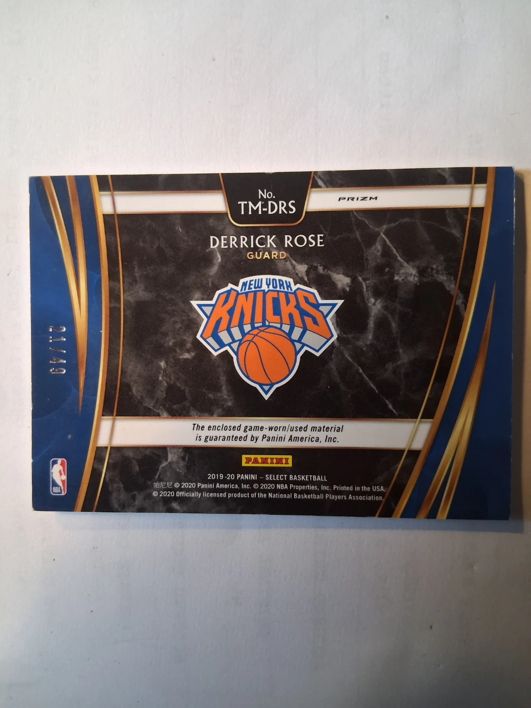 2019-20 Panini Select Derrick Rose Jersey Insert Card - photo 2
