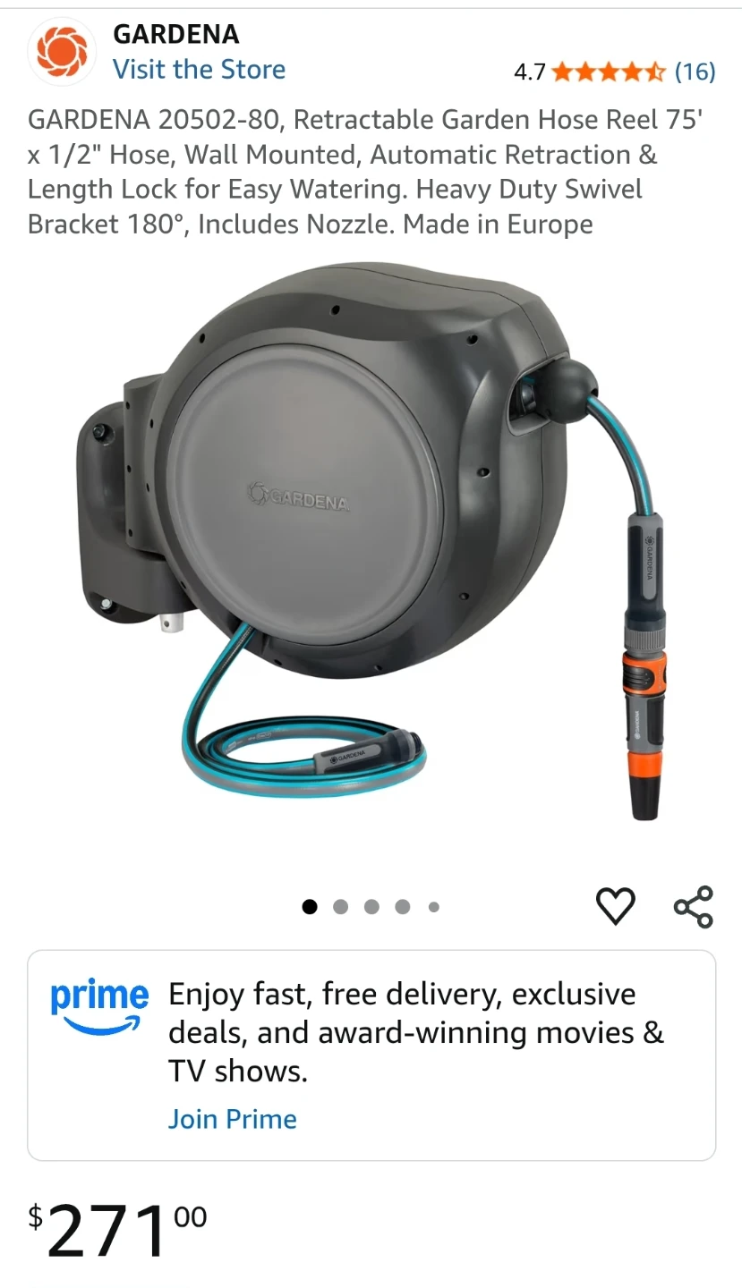 GARDENA Retractable Garden Hose Reel 75' x 1/2" with Nozzle