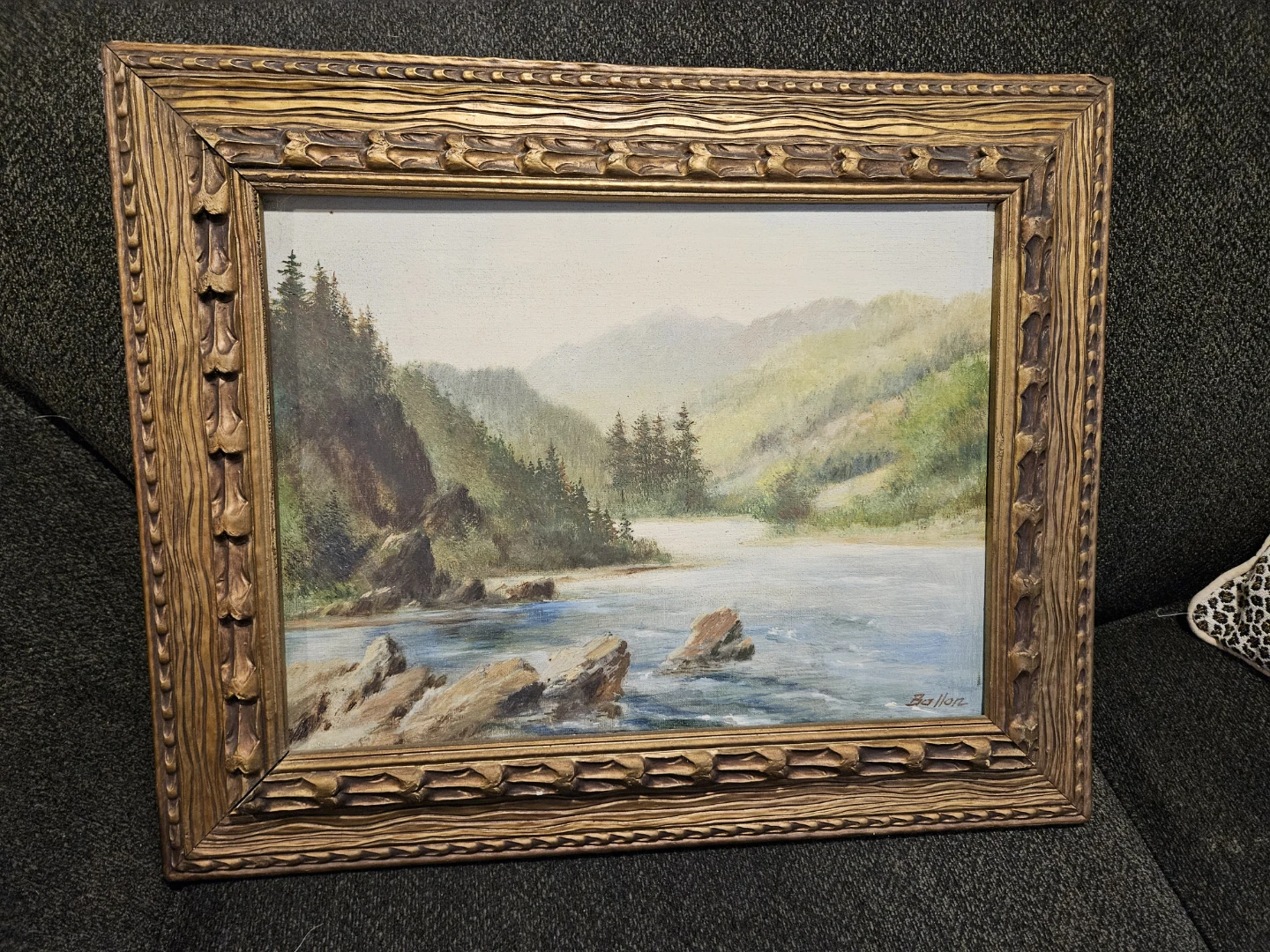 Vintage  Landscape Oil Painting "Ballon" River Scene