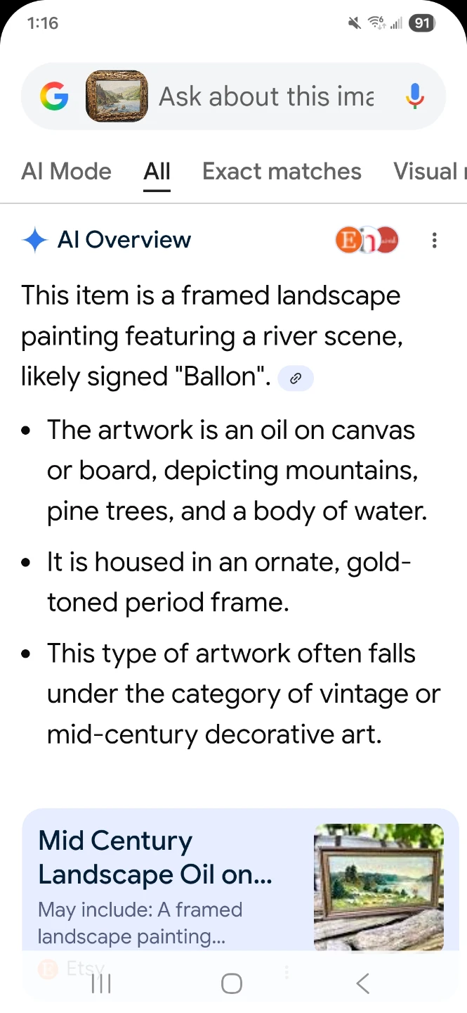 Vintage  Landscape Oil Painting "Ballon" River Scene - photo 3