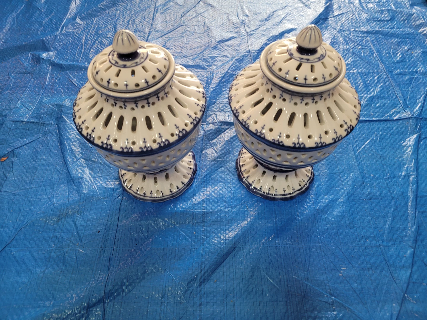 Pair of White and Blue Ceramic Decorative Vases