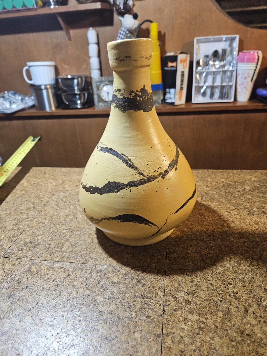 Yellow Ceramic Vase with Black Abstract Design - photo 2
