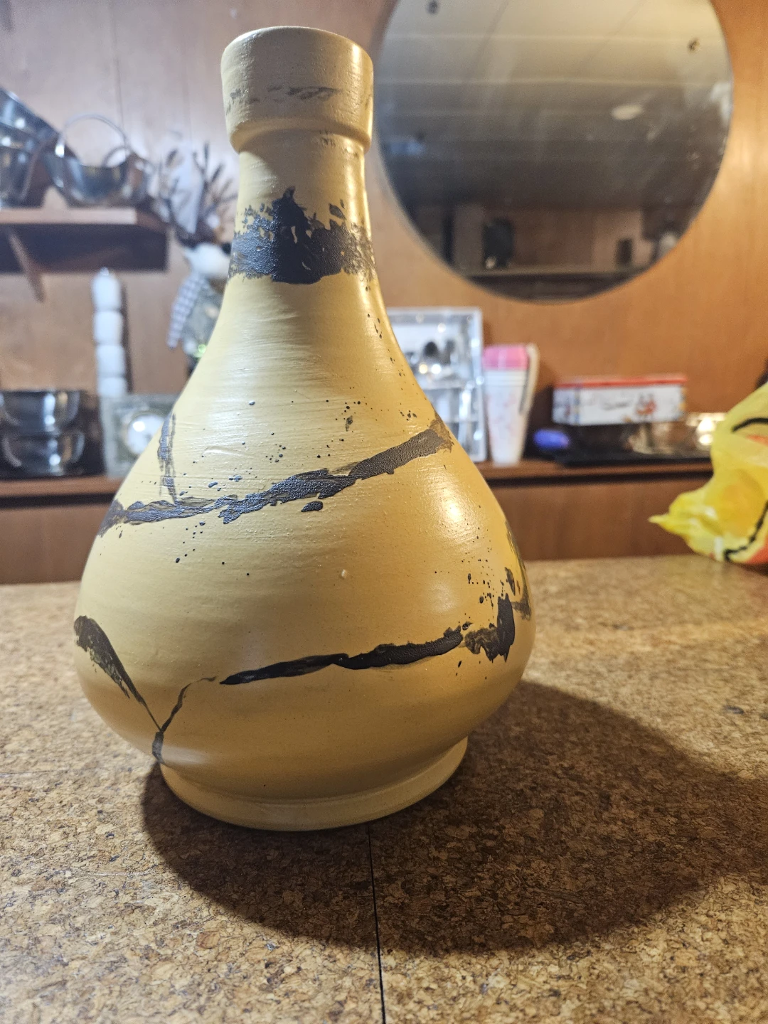 Yellow Ceramic Vase with Black Abstract Design - photo 5