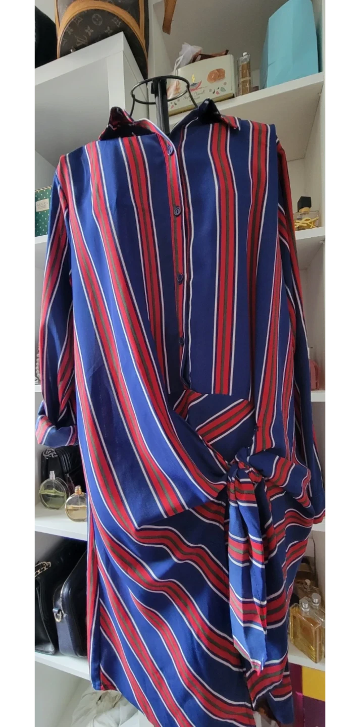 🌱 Blue, Red, and White Striped Button-Up Shirt with Tie Waist