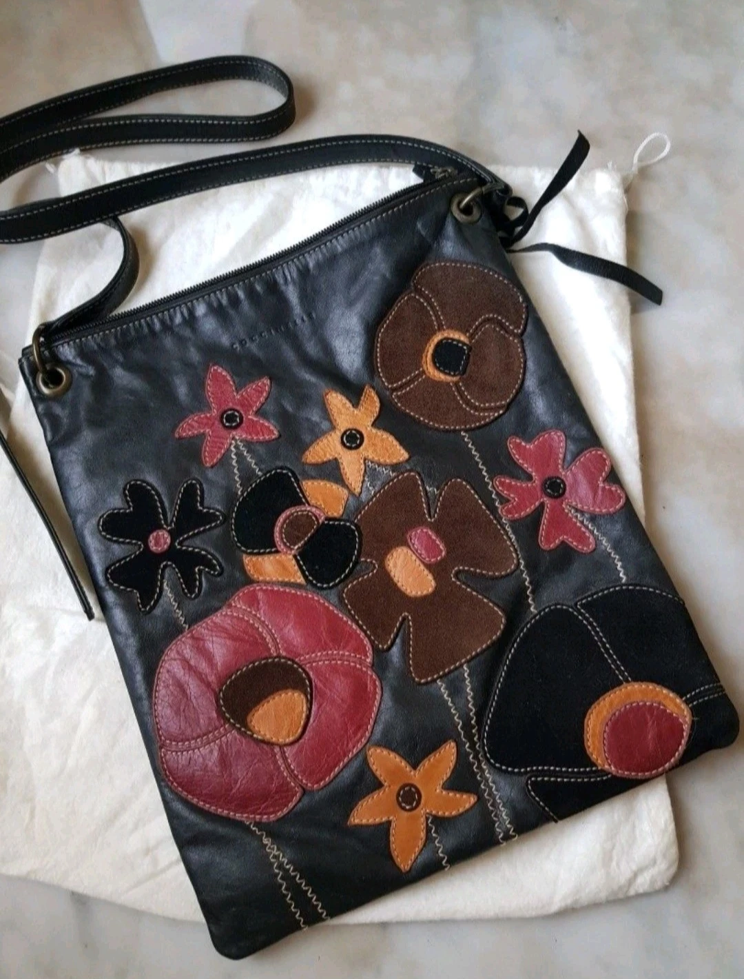 Coccinelle Black Leather Flower Applique Shoulder/Crossbody Bag