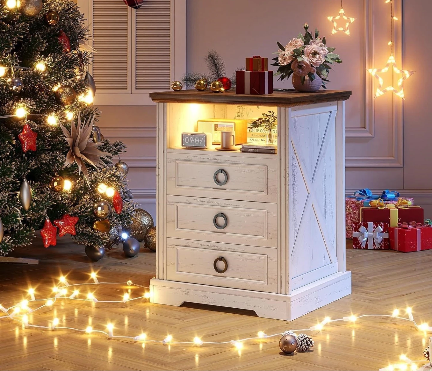 White and Wood Nightstand with Wireless Charger and USB Ports