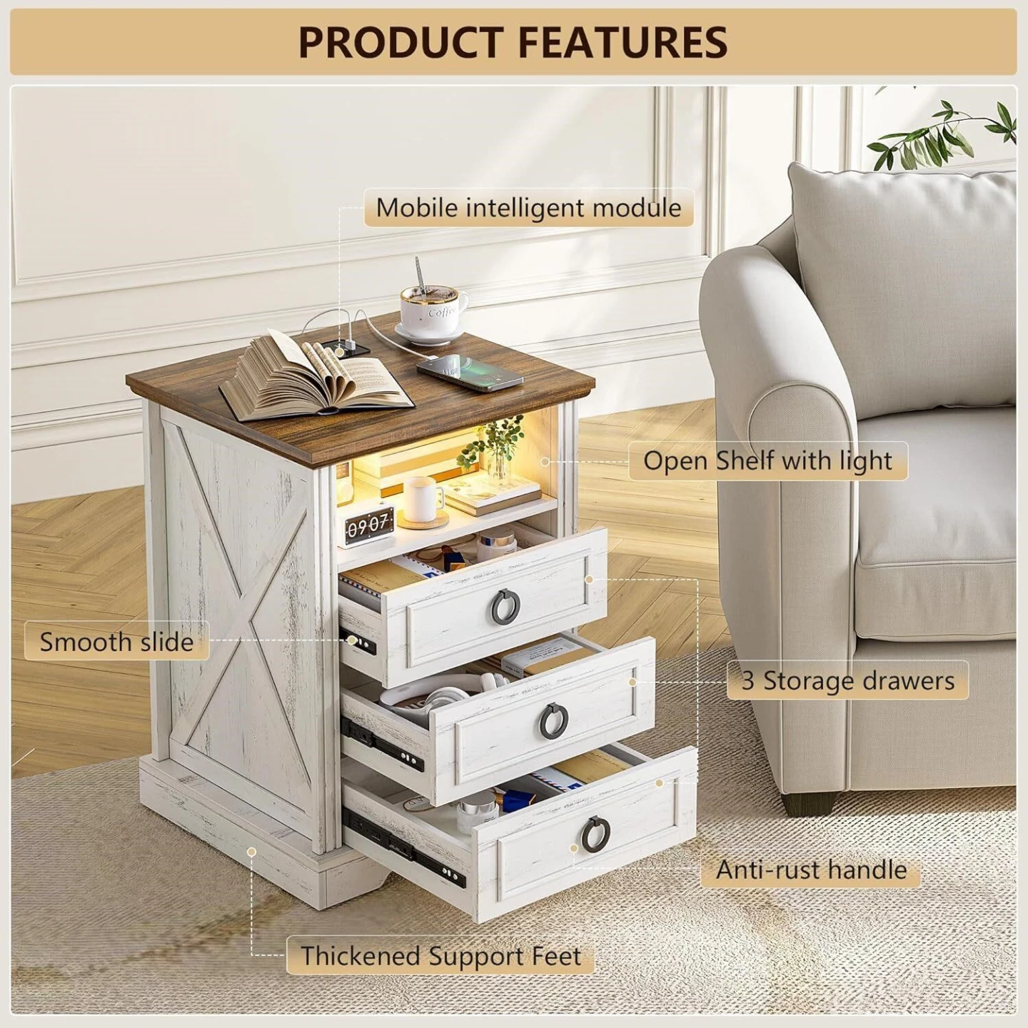 White and Wood Nightstand with Wireless Charger and USB Ports - photo 3