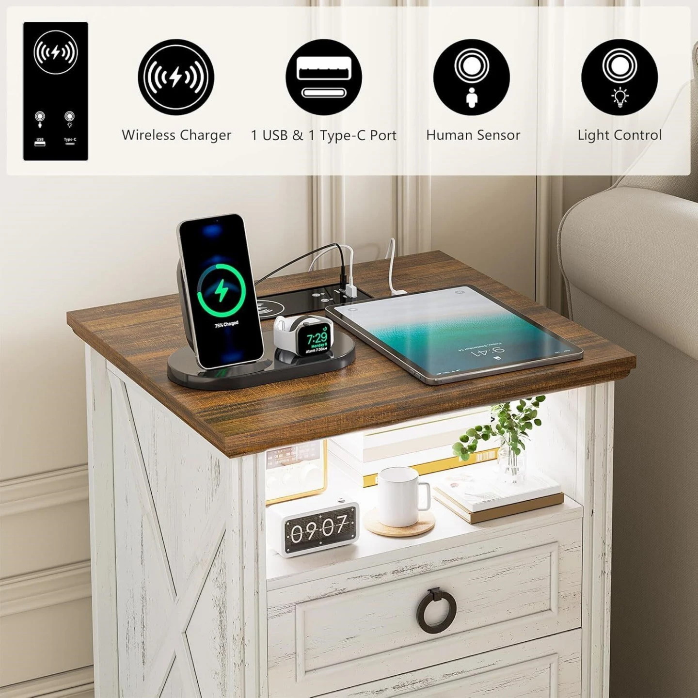 White and Wood Nightstand with Wireless Charger and USB Ports - photo 4