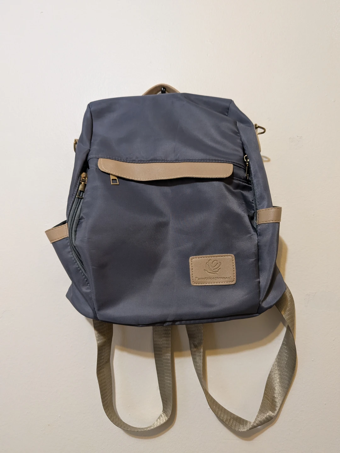 Grey Nylon Backpack with Tan Accents
