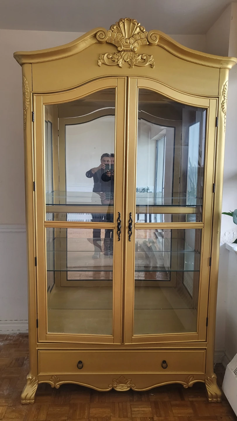 Gold Display Cabinet with Glass Doors and Drawer
