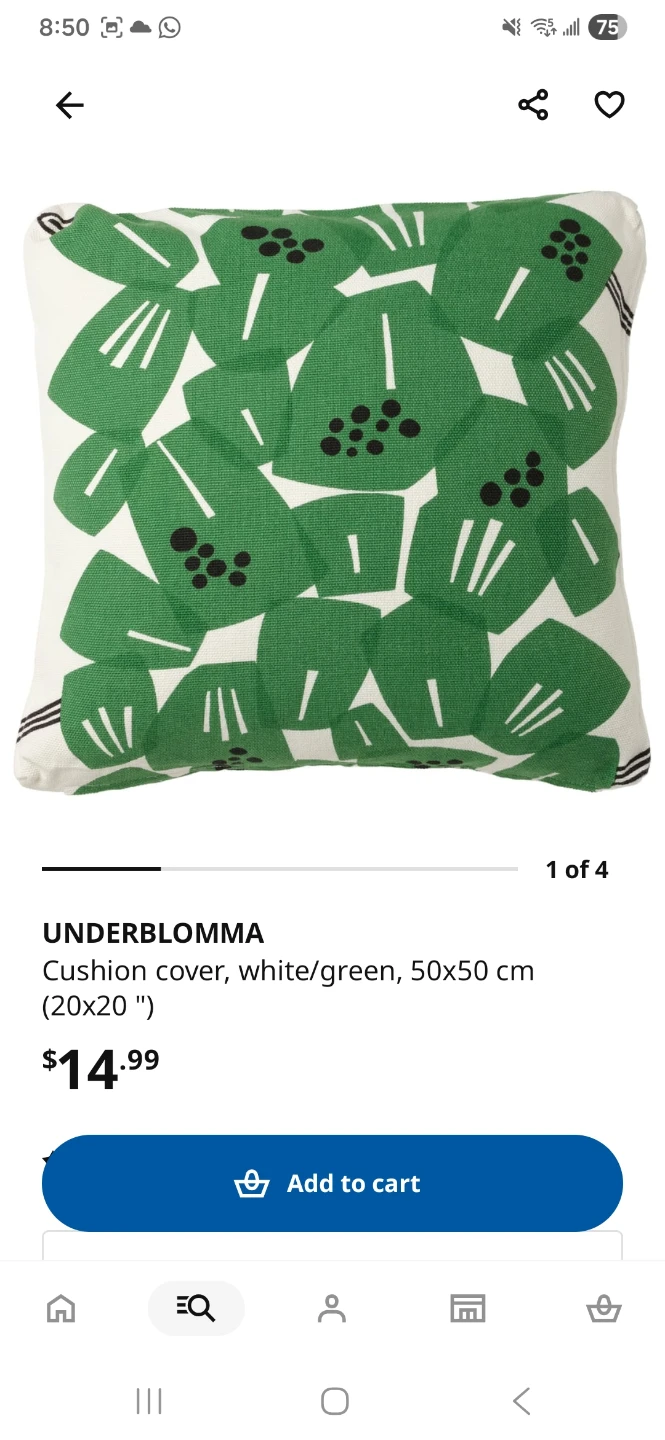IKEA UNDERBLOMMA Cushion Cover White/Green 50x50 cm