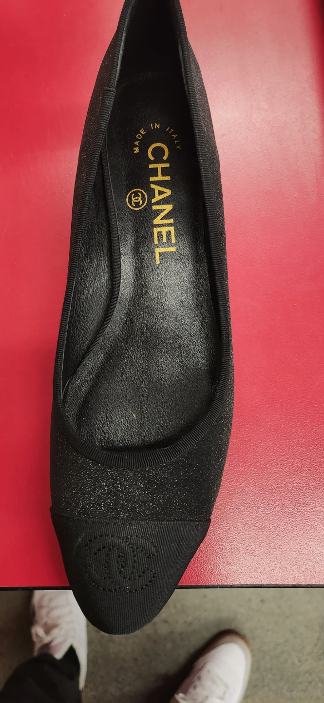 CHANEL Black Glitter Cap Toe Ballet Flats