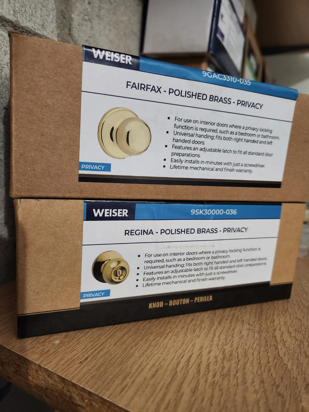 Weiser Fairfax & Regina Privacy Door Knobs - Polished Brass