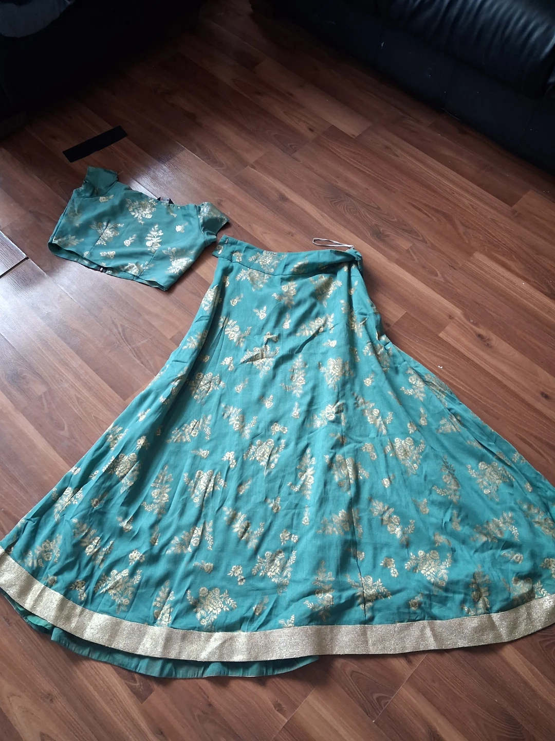 Teal and Gold Floral Print Lehenga Choli - photo 3