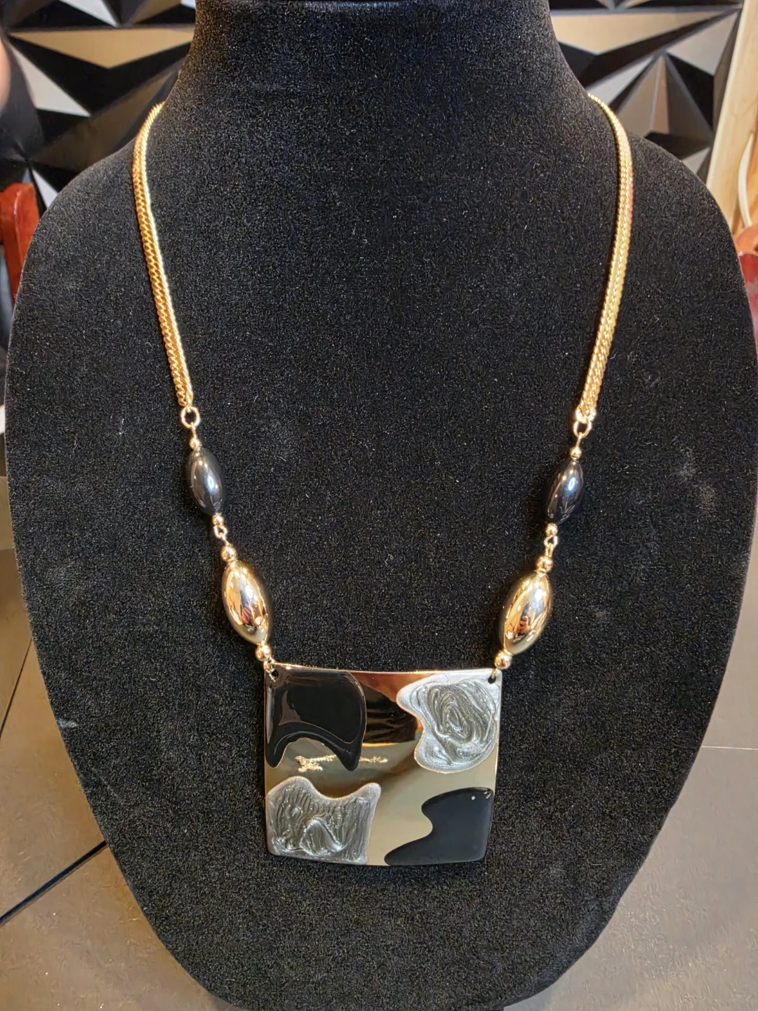 Gold Tone Statement Necklace with Black and Gold Beads - photo 3
