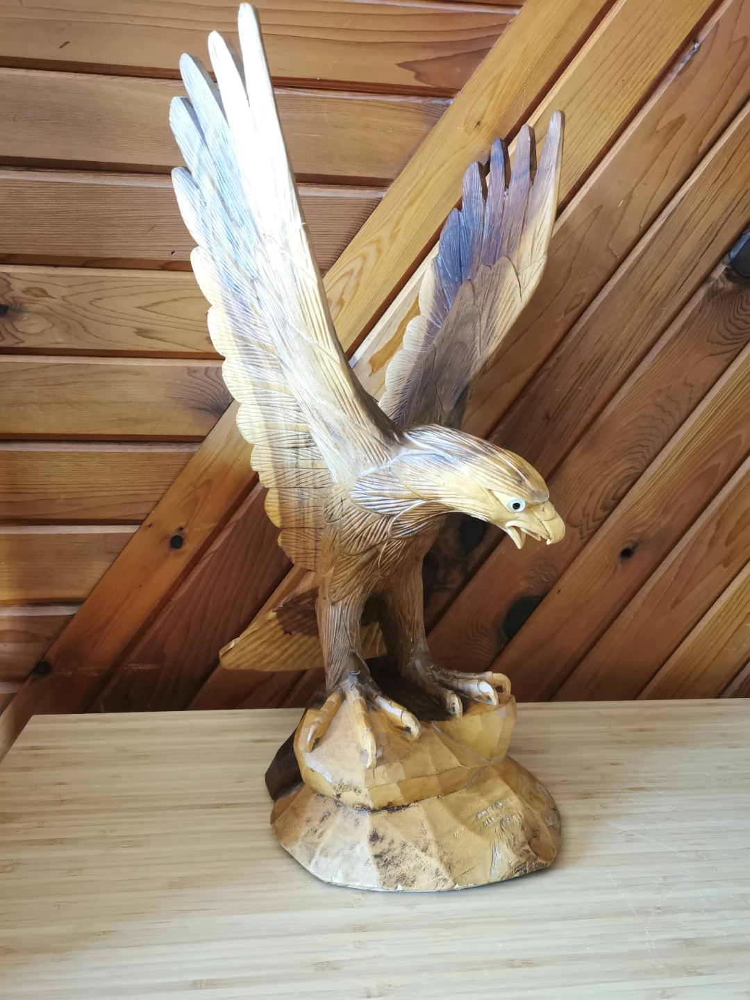 Vintage Hand Carved Wooden Eagle Tall Sculpture Glass Eyes - photo 3