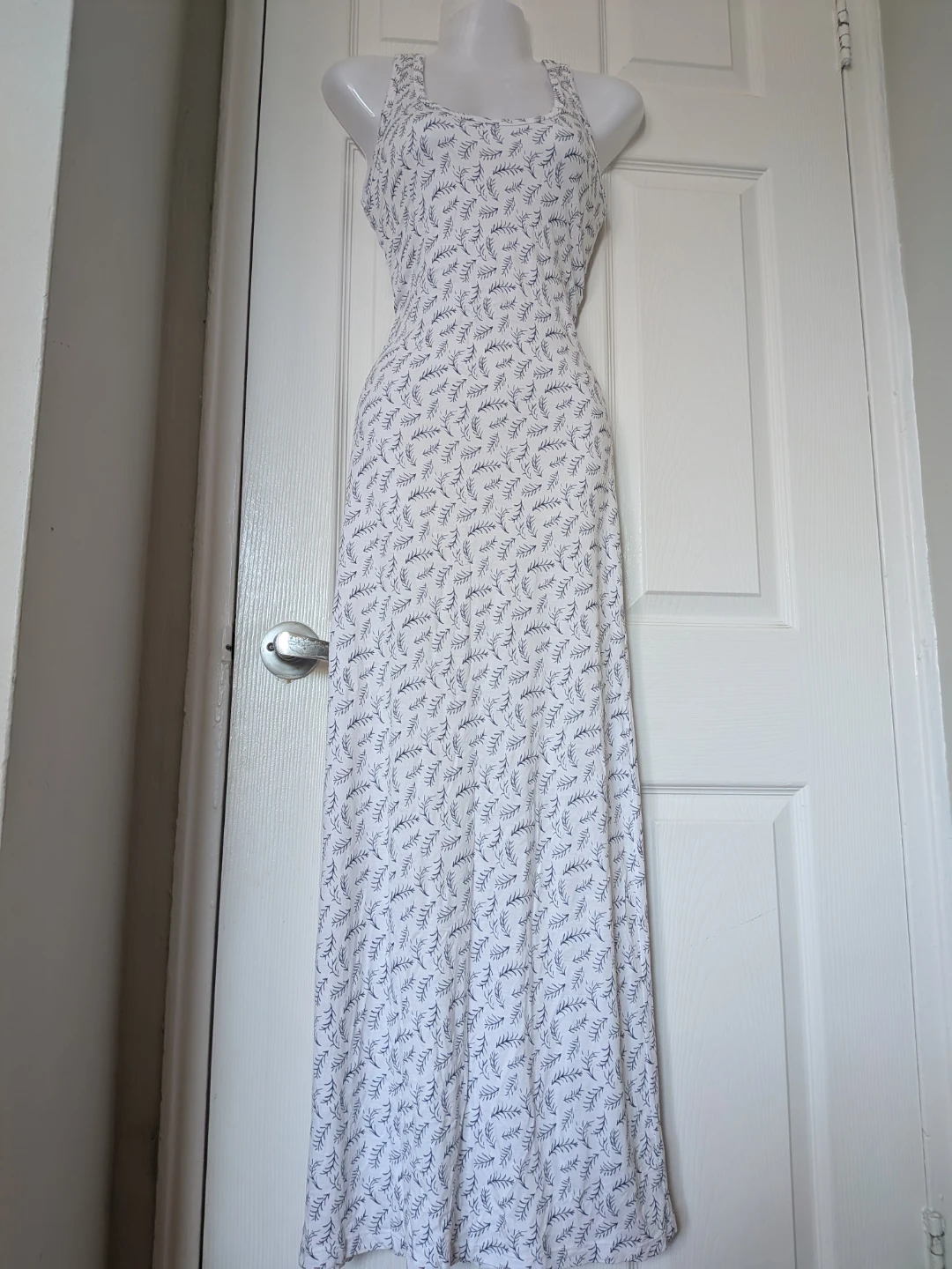Women's White Maxi Dress with Blue Leaf Print