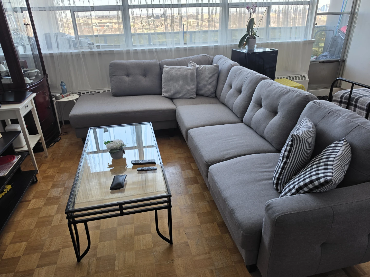 Grey Sectional Sofa with Tufted Back Cushions
