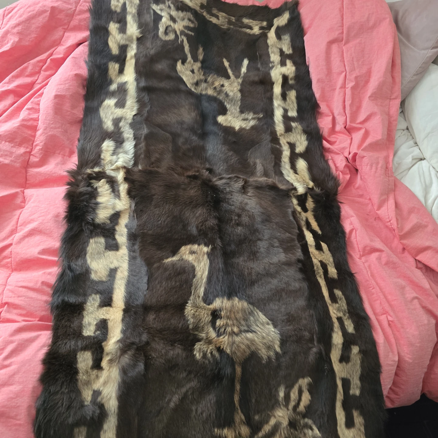 Fur Hide with Painted Bird Design