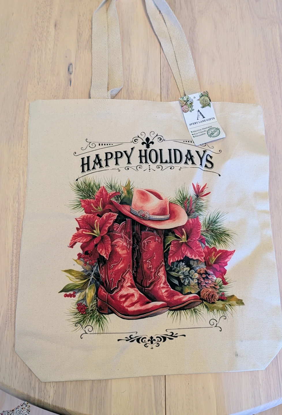 Brand New with Tags Happy Holidays Cowboy Boots Tote Bag
