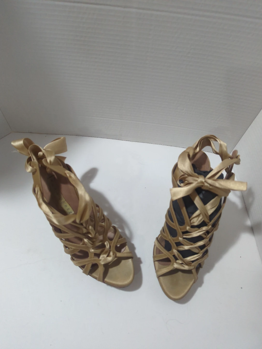 Pura Lopez Gold Satin Strappy Heels with Bows