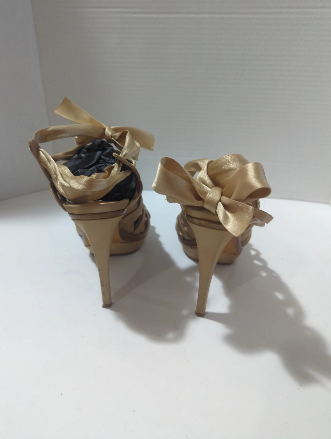 Pura Lopez Gold Satin Strappy Heels with Bows - photo 3