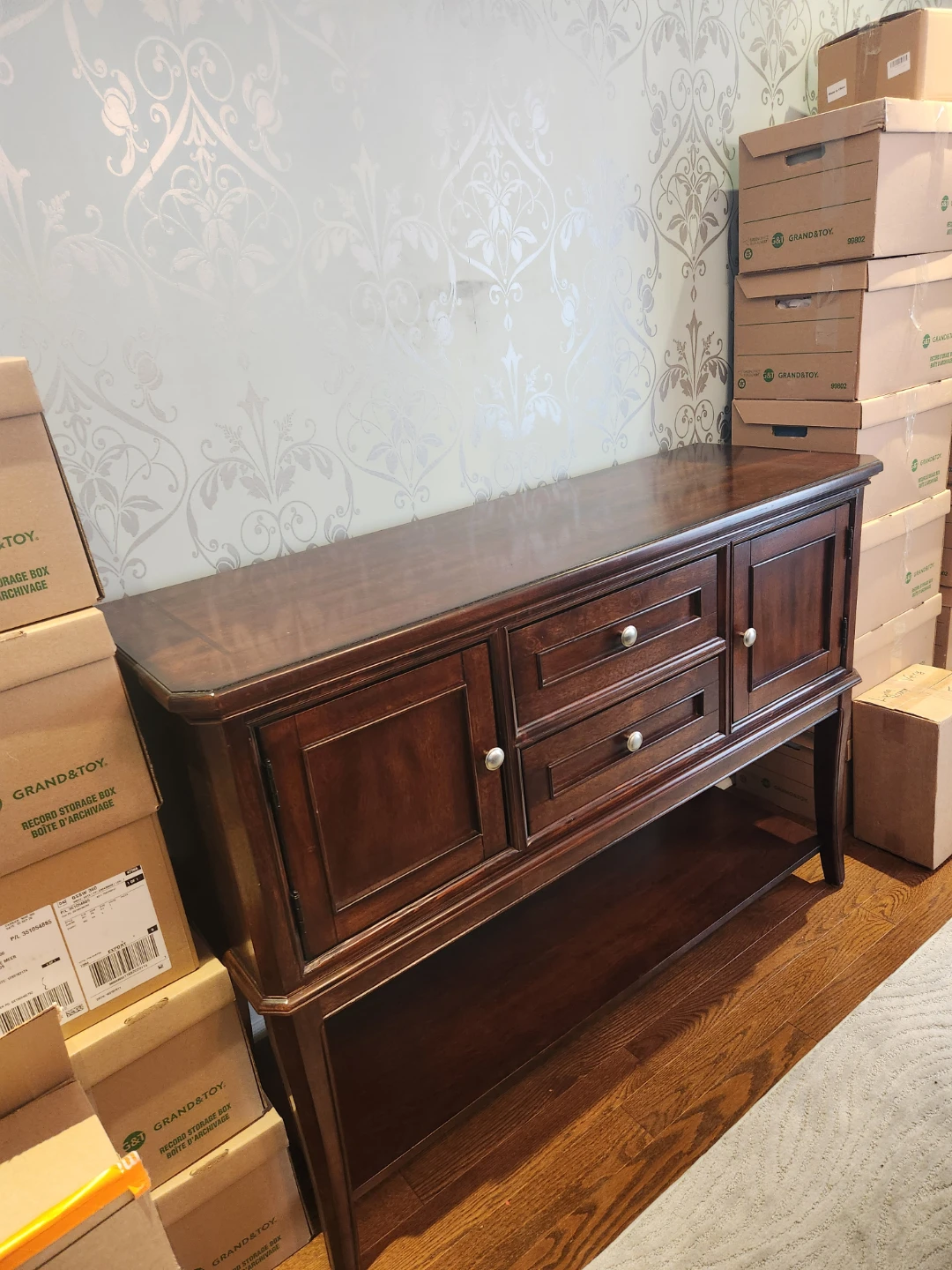 Dark Wood Sideboard Buffet with Drawers and Cabinet Doors