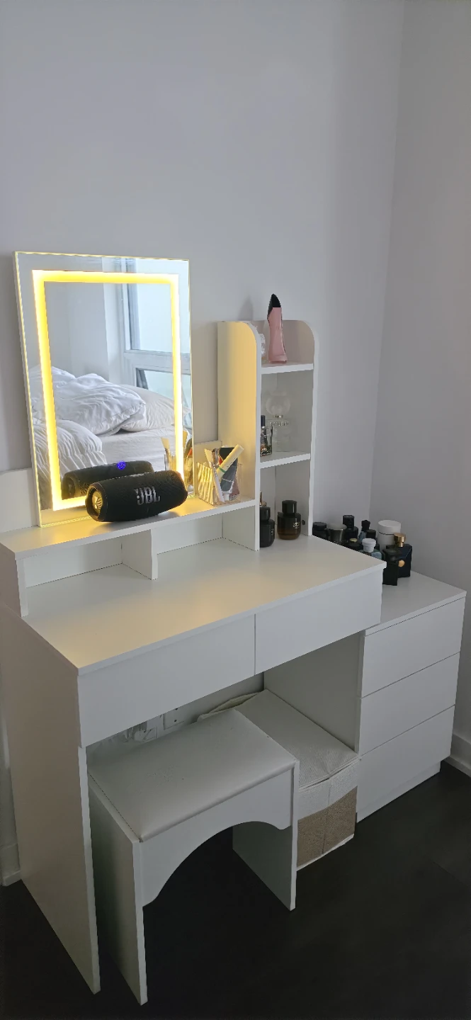 White Vanity Set with Mirror and Stool