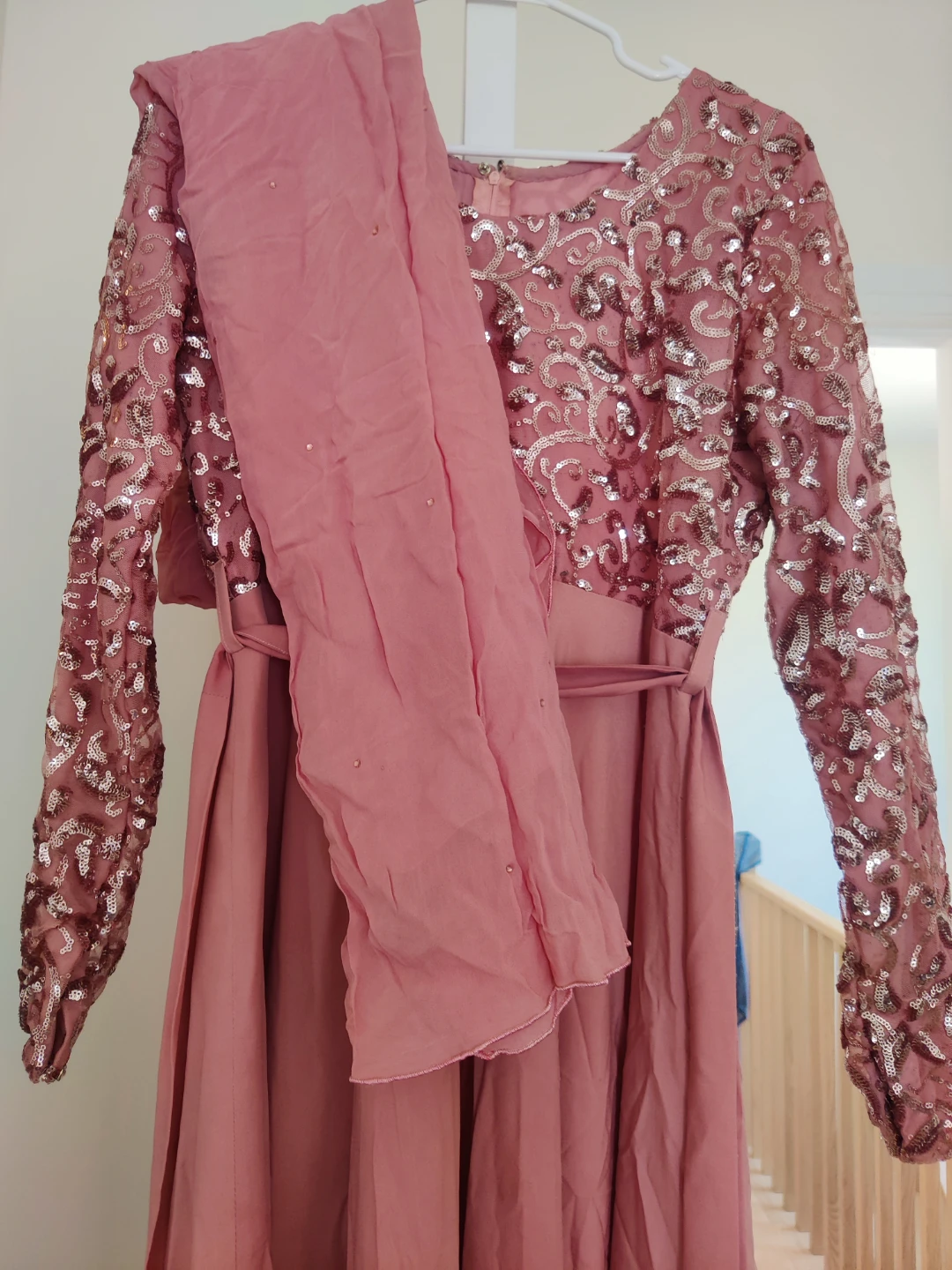 Pink sequined long-sleeved maxi dress with dupatta