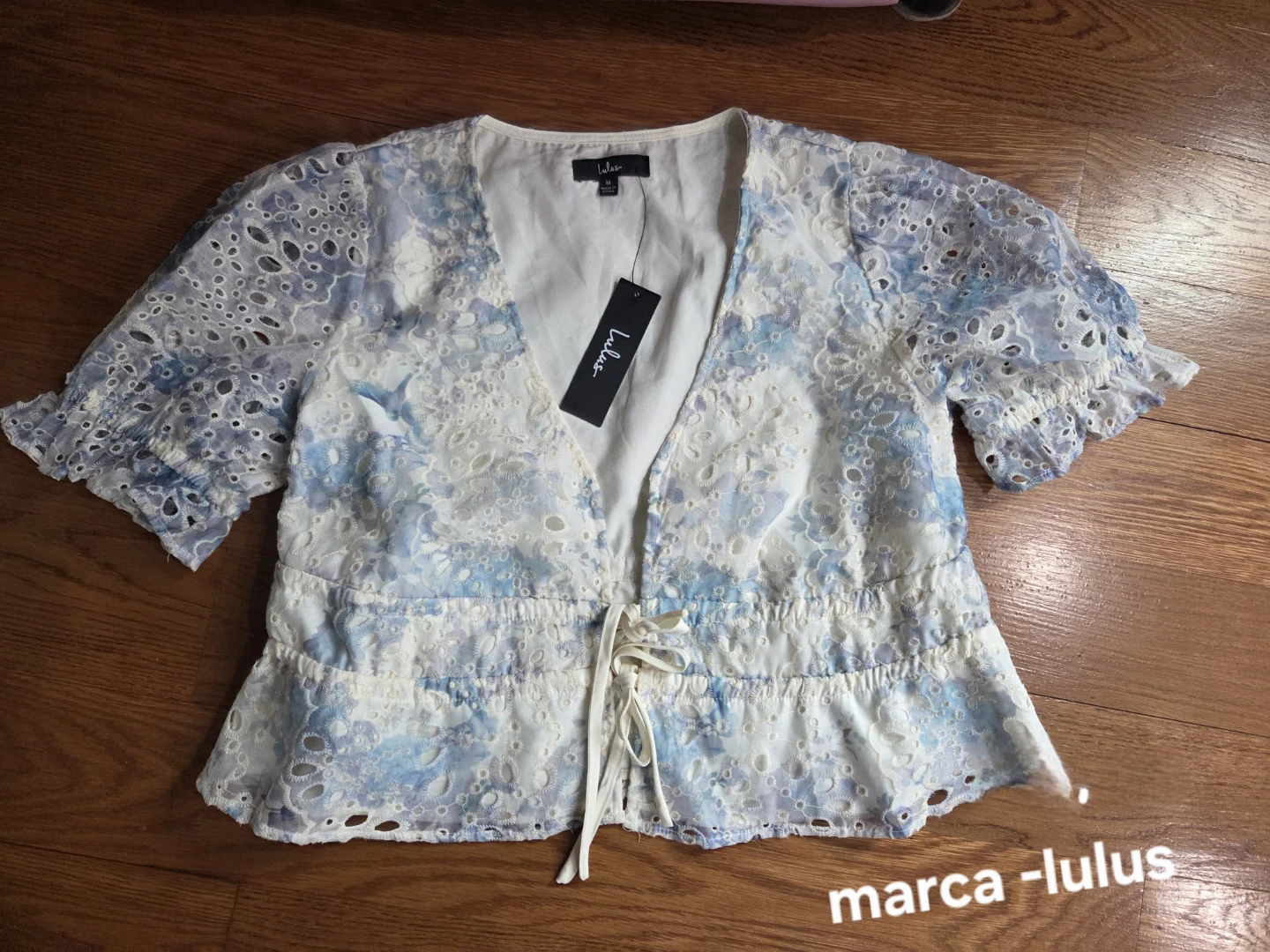 Lulus Women's Blue & White Floral Broderie Anglaise Peplum Top - photo 2