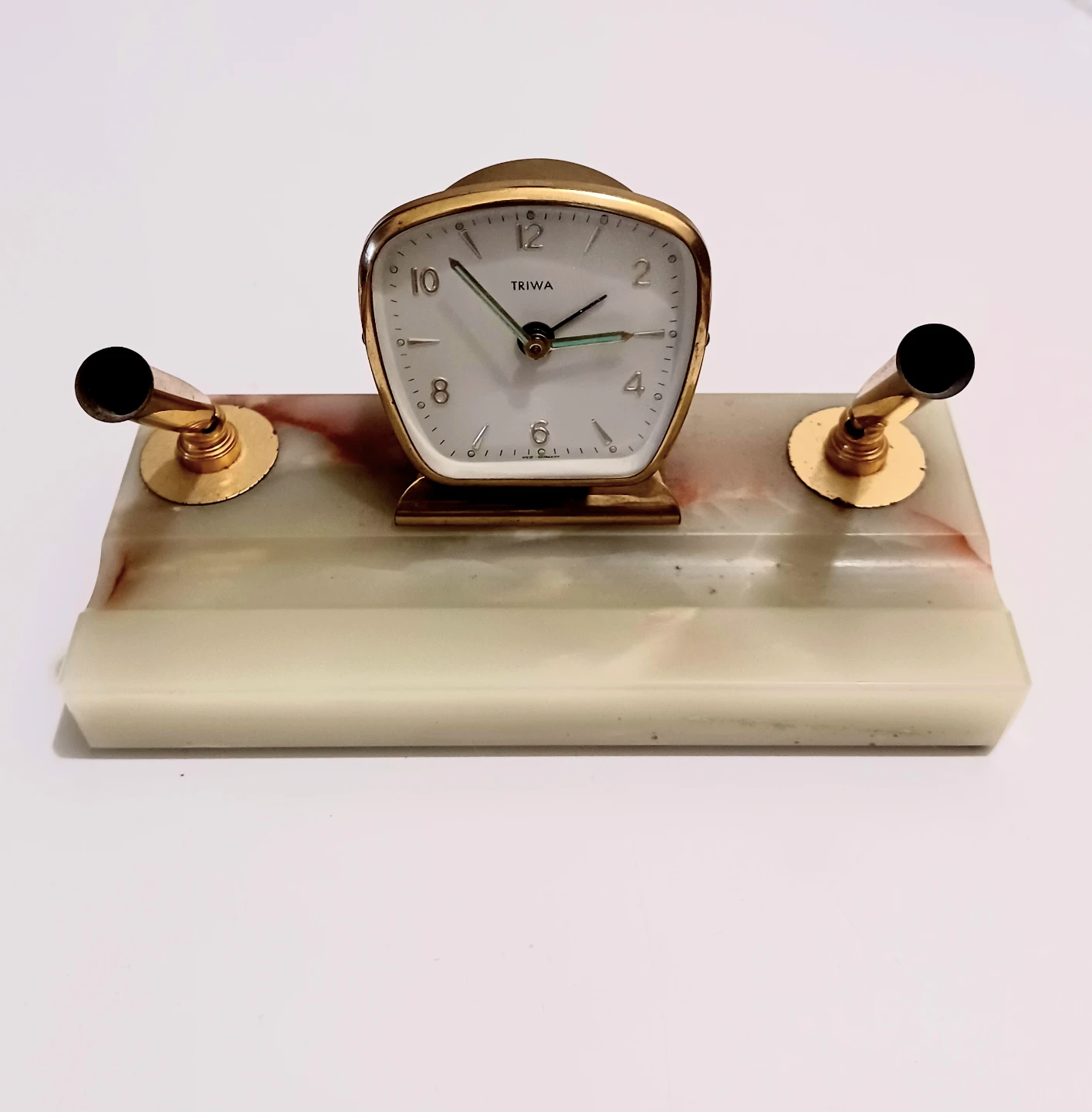 Unique W. German Mechanical Triwa Alarm Clock & Green Onyx Base