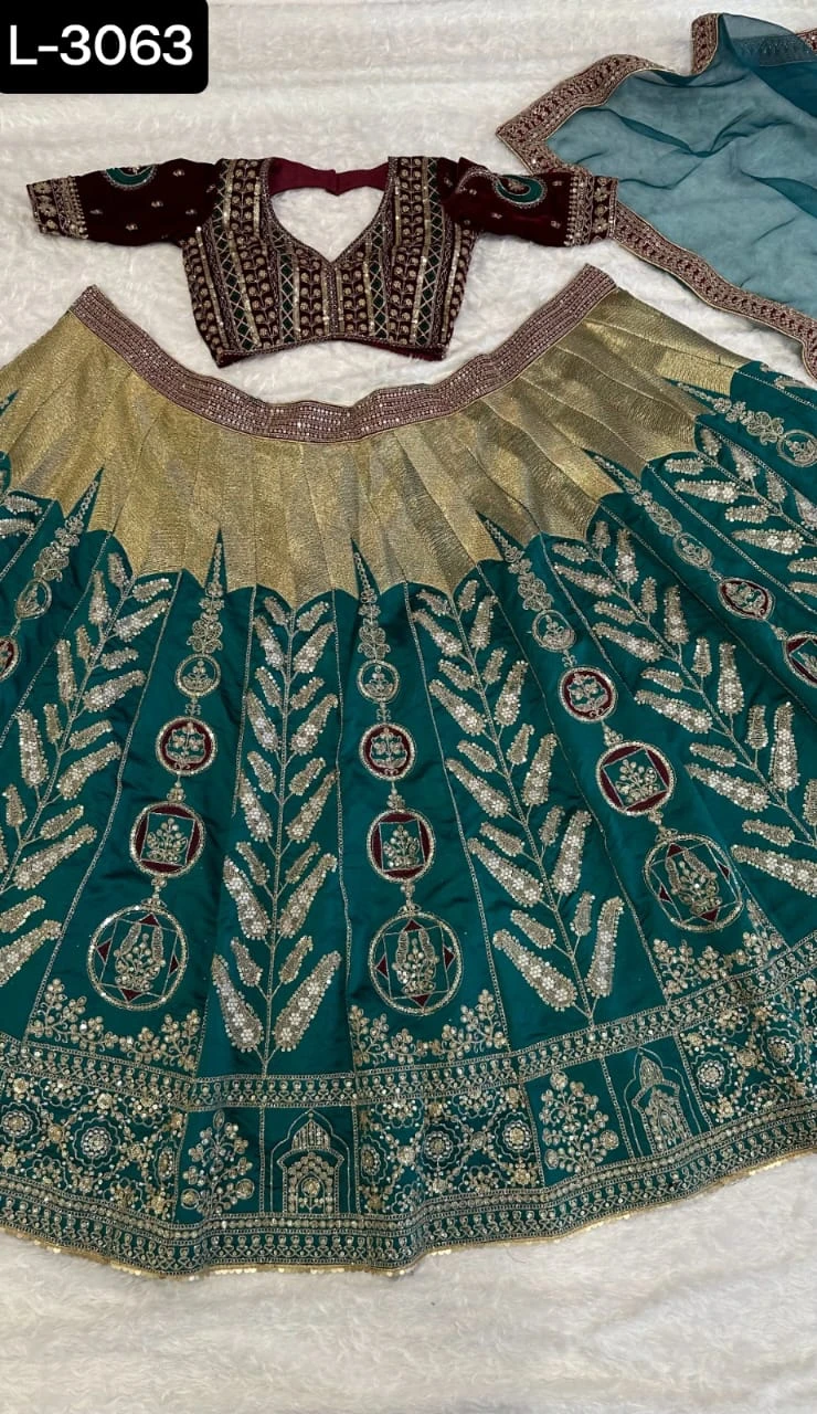 Teal and Gold Embroidered Lehenga Choli Set - photo 2