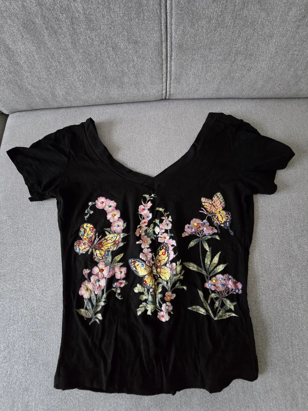 Black V-Neck T-Shirt with Butterfly and Floral Embroidery