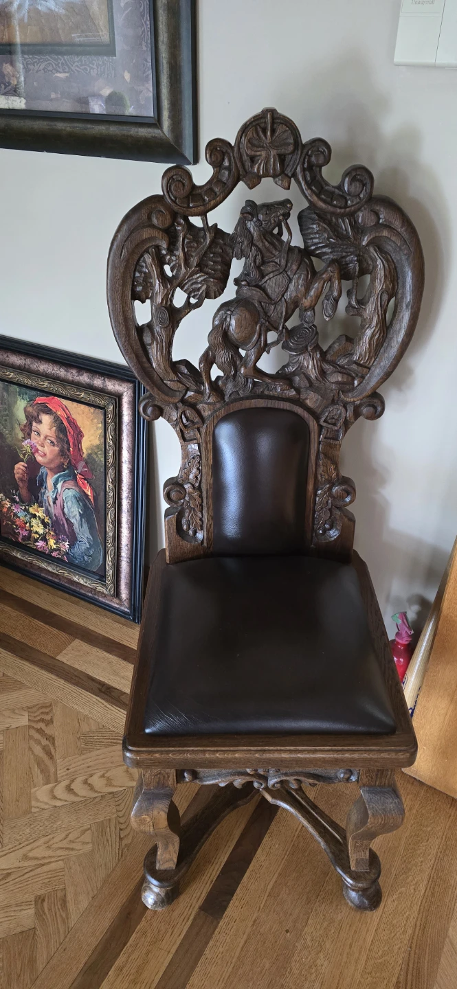 Vintage Carved Wood Custom Art  Chair with Leather Seat