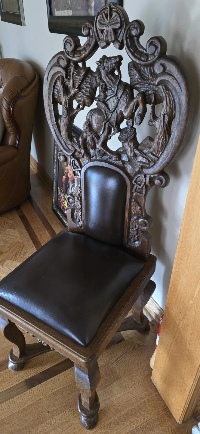 Vintage Carved Wood Custom Art  Chair with Leather Seat - photo 3