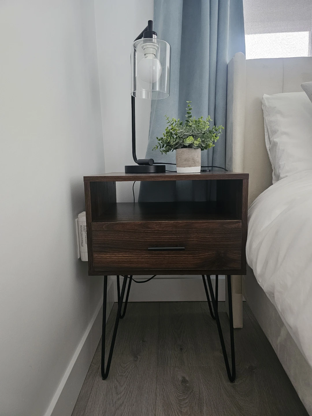2 x Dark Wood Nightstands with Drawer and Shelf