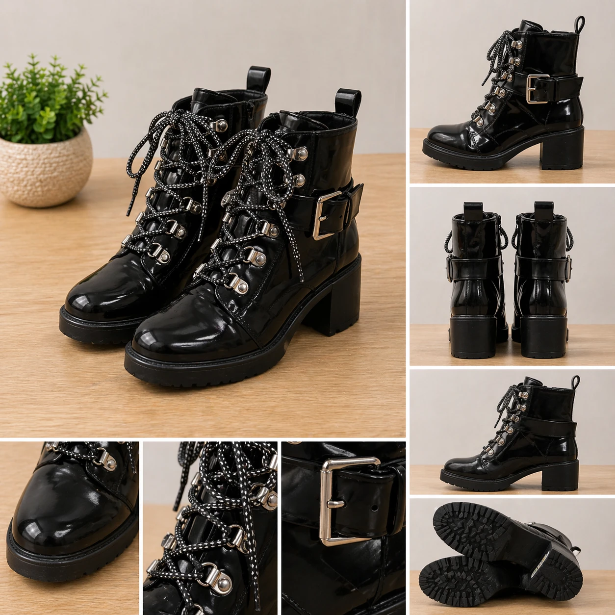 Black Patent Lace-Up Combat Boots with Buckle Detail