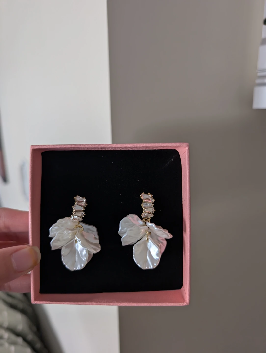 Nush White Petal Drop Earrings in box packing for mother's day