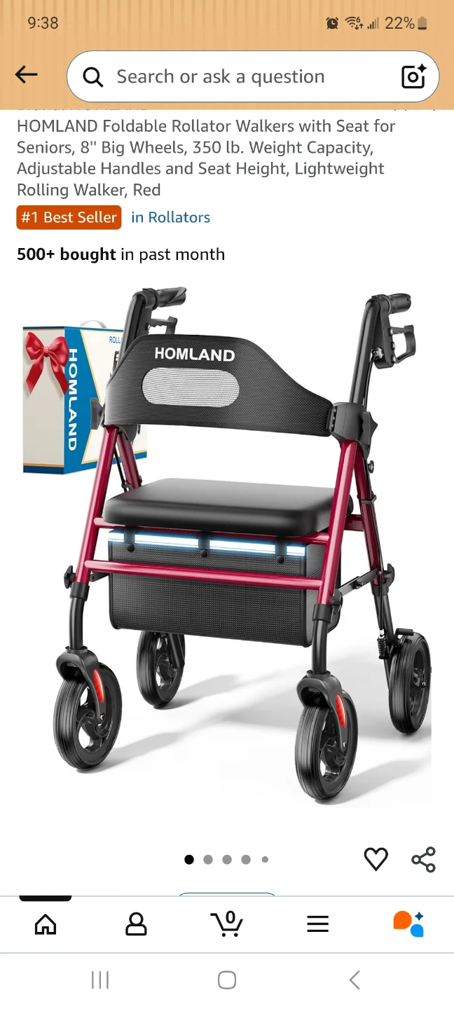 HOMLAND Foldable Rollator Walker with Seat - Red