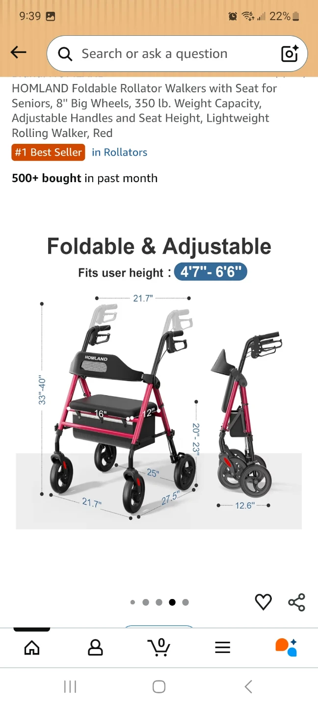HOMLAND Foldable Rollator Walker with Seat - Red - photo 5