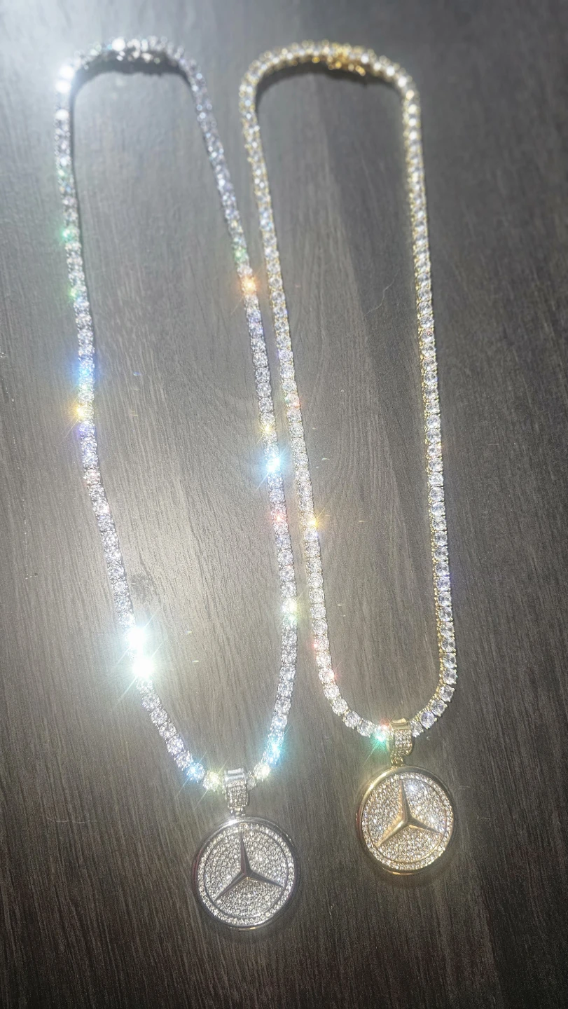 2 x Tennis Chain Necklaces with Mercedes Benz Pendant