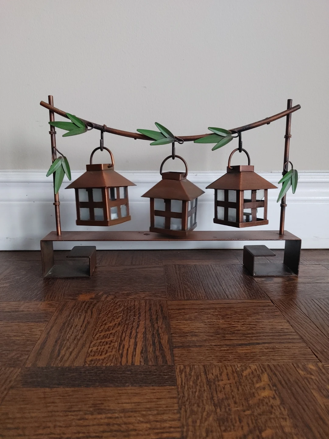 Set of 3 Copper Lanterns with Bamboo Accents