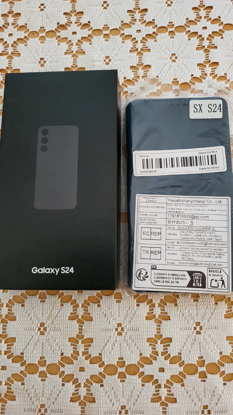 Samsung Galaxy S24 Blue Smartphone with Case and Cable