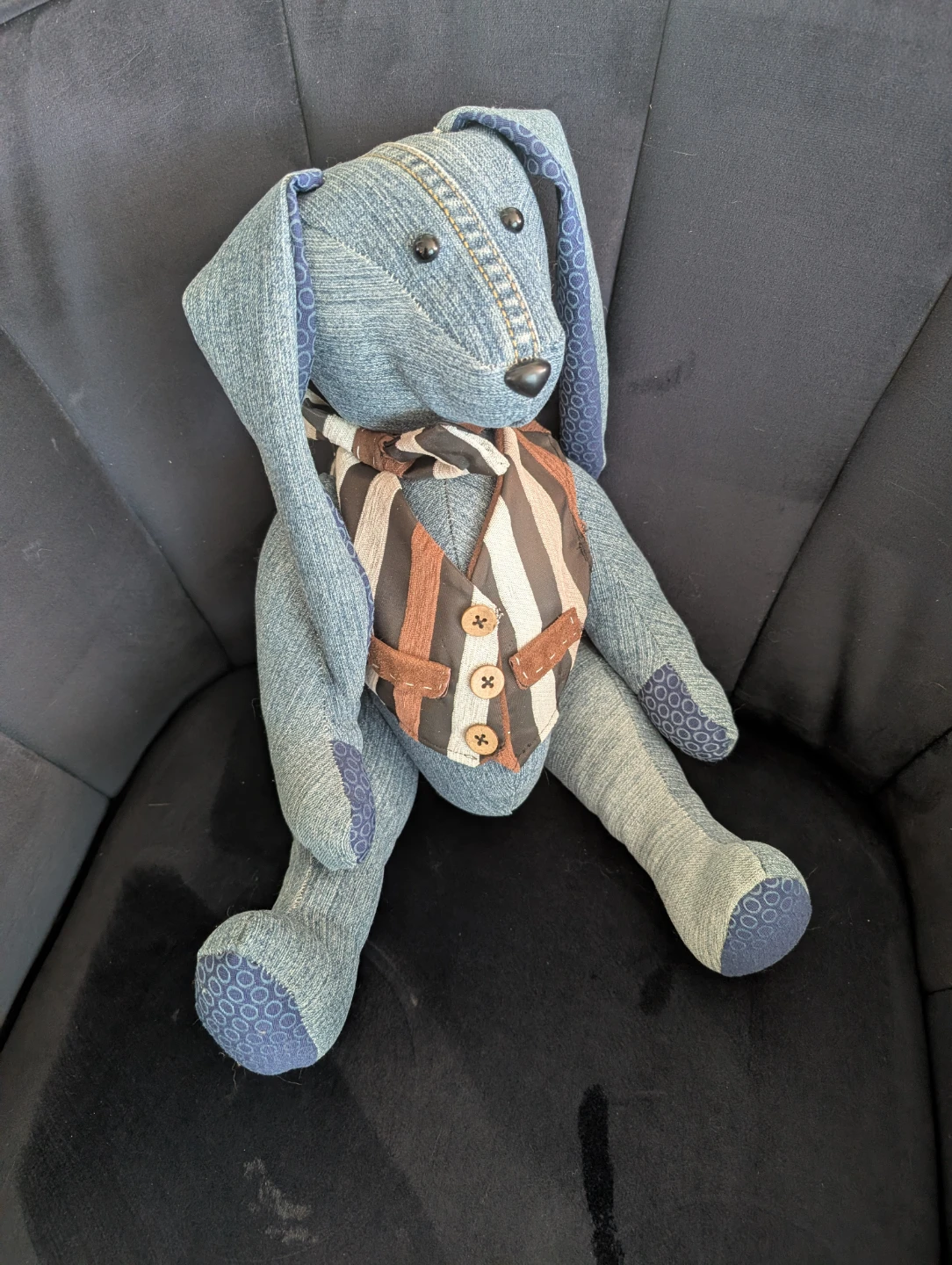 Denim Bunny Stuffed Animal with Striped Vest