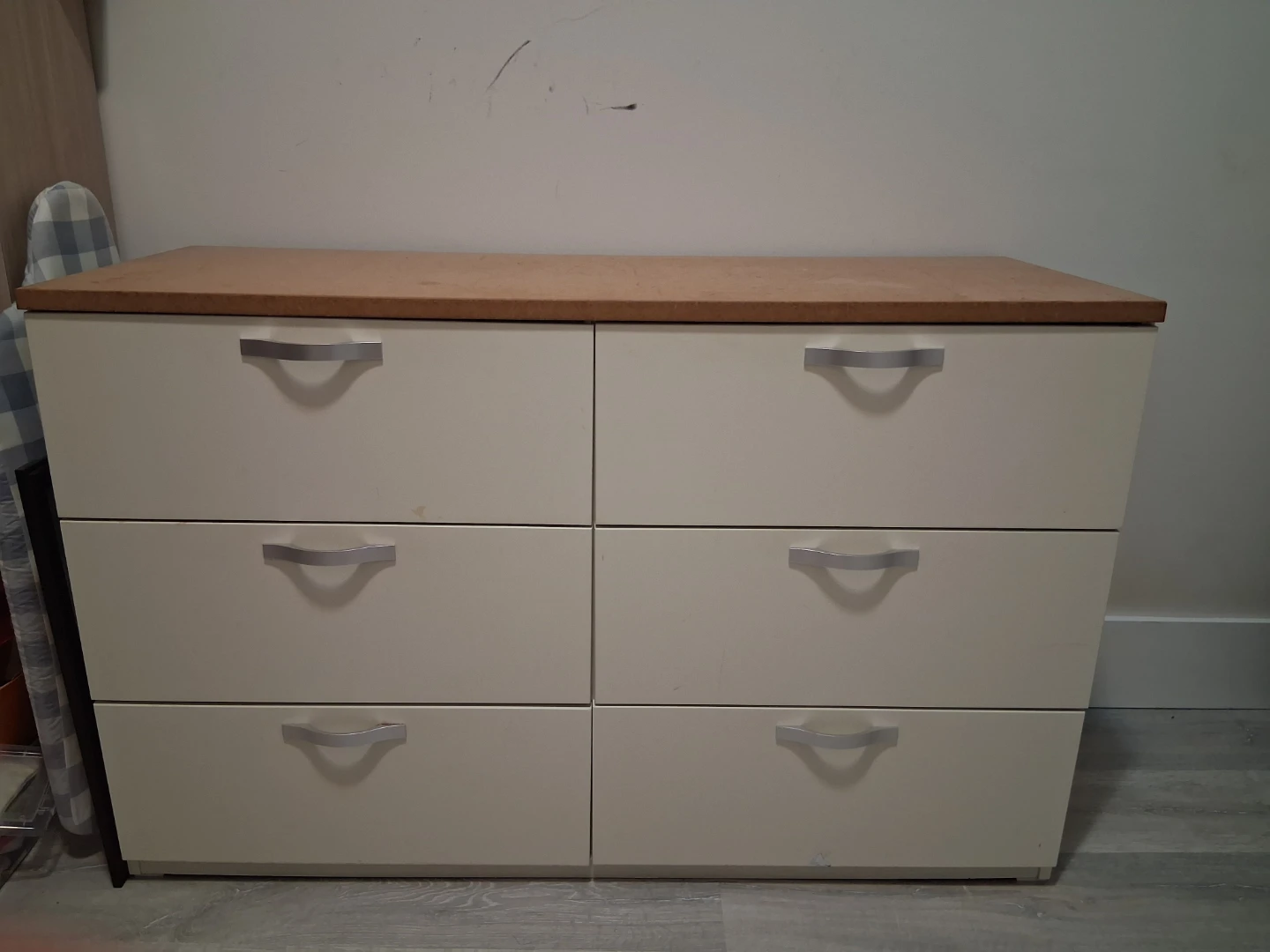 Cream Six-Drawer Dresser with Wood Top