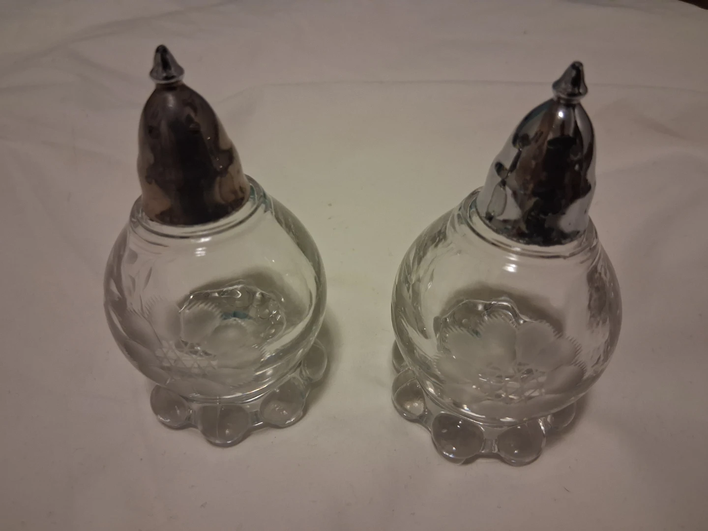 Glass Salt and Pepper Shakers with Floral Etching
